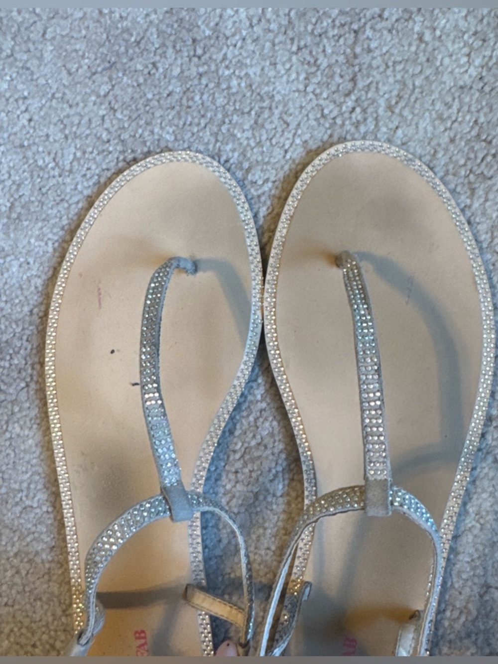 Beige Rhinestone T-Strap Sandals